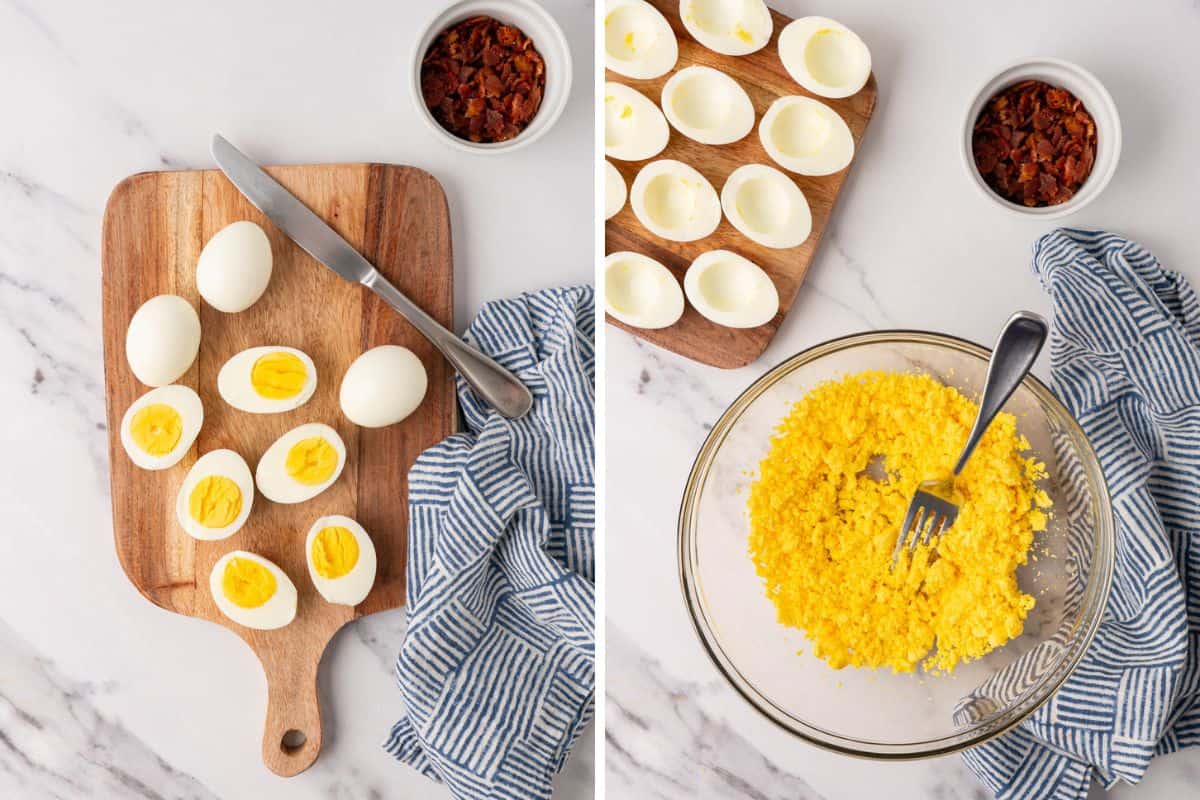 slicing the boiled eggs in halves and mashing the yolks in a mixing bowl.