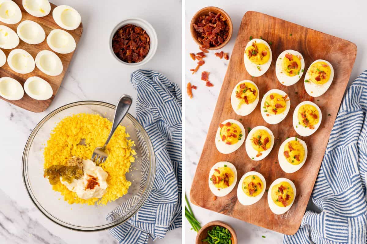 mixing the ingredients with mixture and perfectly assembled deviled eggs with bacon in a wooden tray.