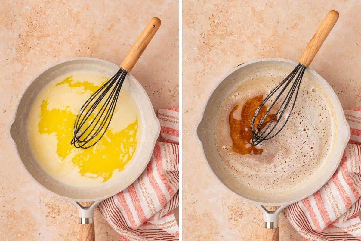 Melting the butter in a skillet until it turns golden brown.