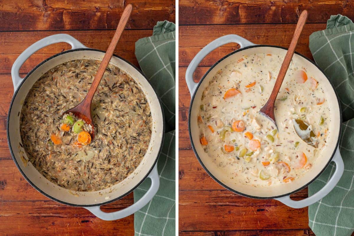 Collage Photos: Left: Adding the rice wo the broth as well as the vegetables. Right: Adding the rest of the ingredients, like the cream. 