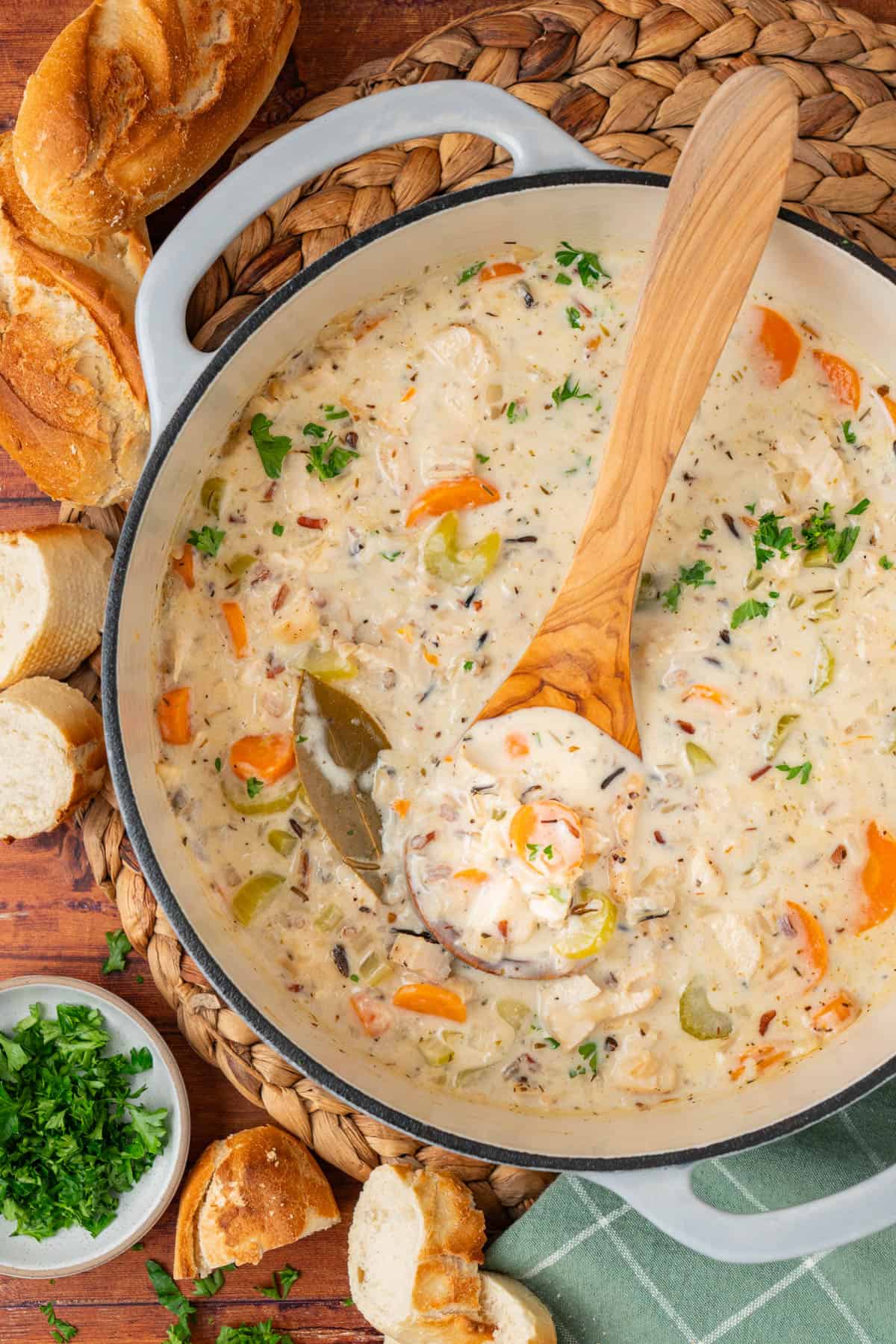 Overhead shot of a pot of the creamy chicken and wild rice soup