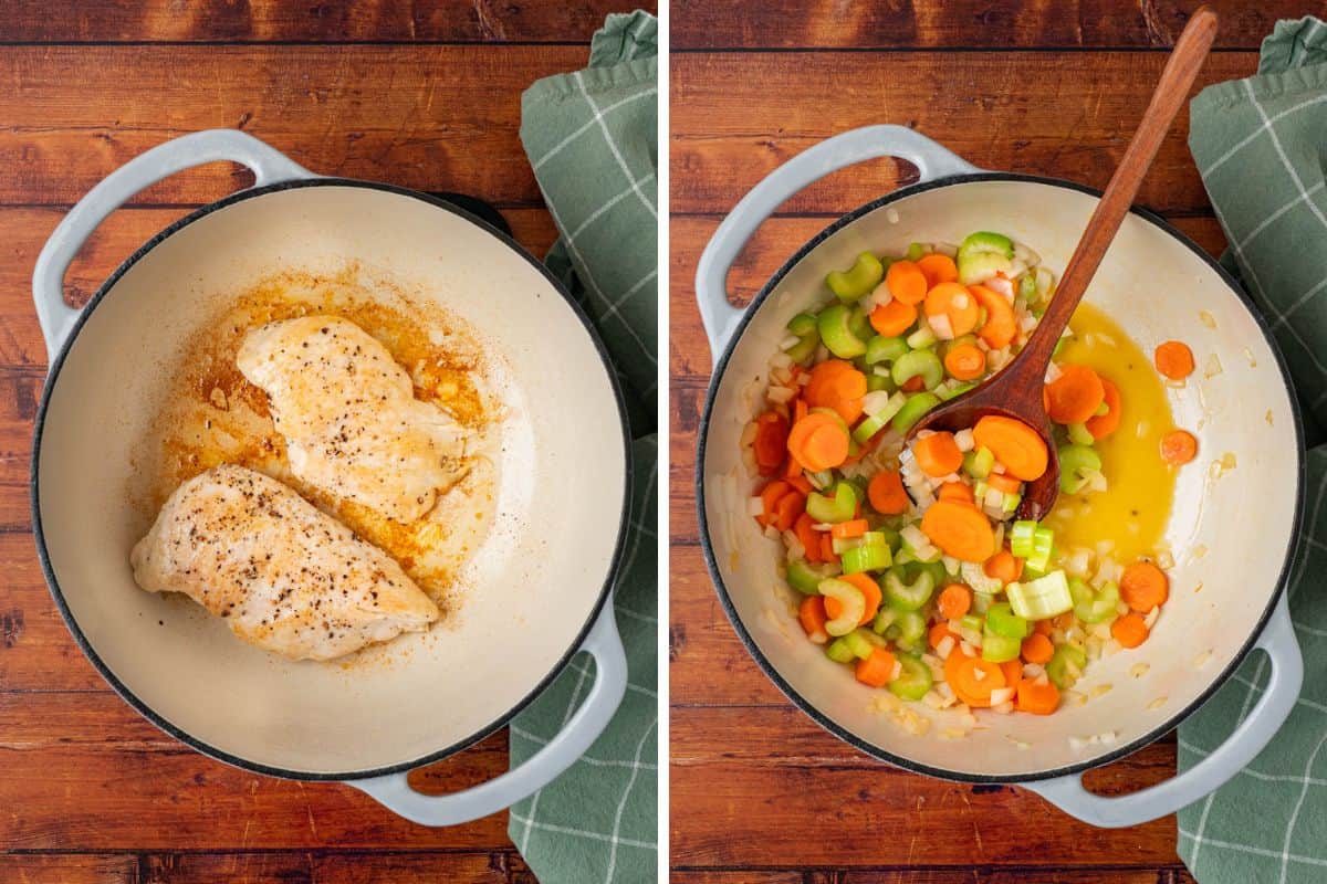 Collage Photo: Left: one of the saut&eacute;ing chicken in a pot. Right: the other of the veggies simmering in the pot.