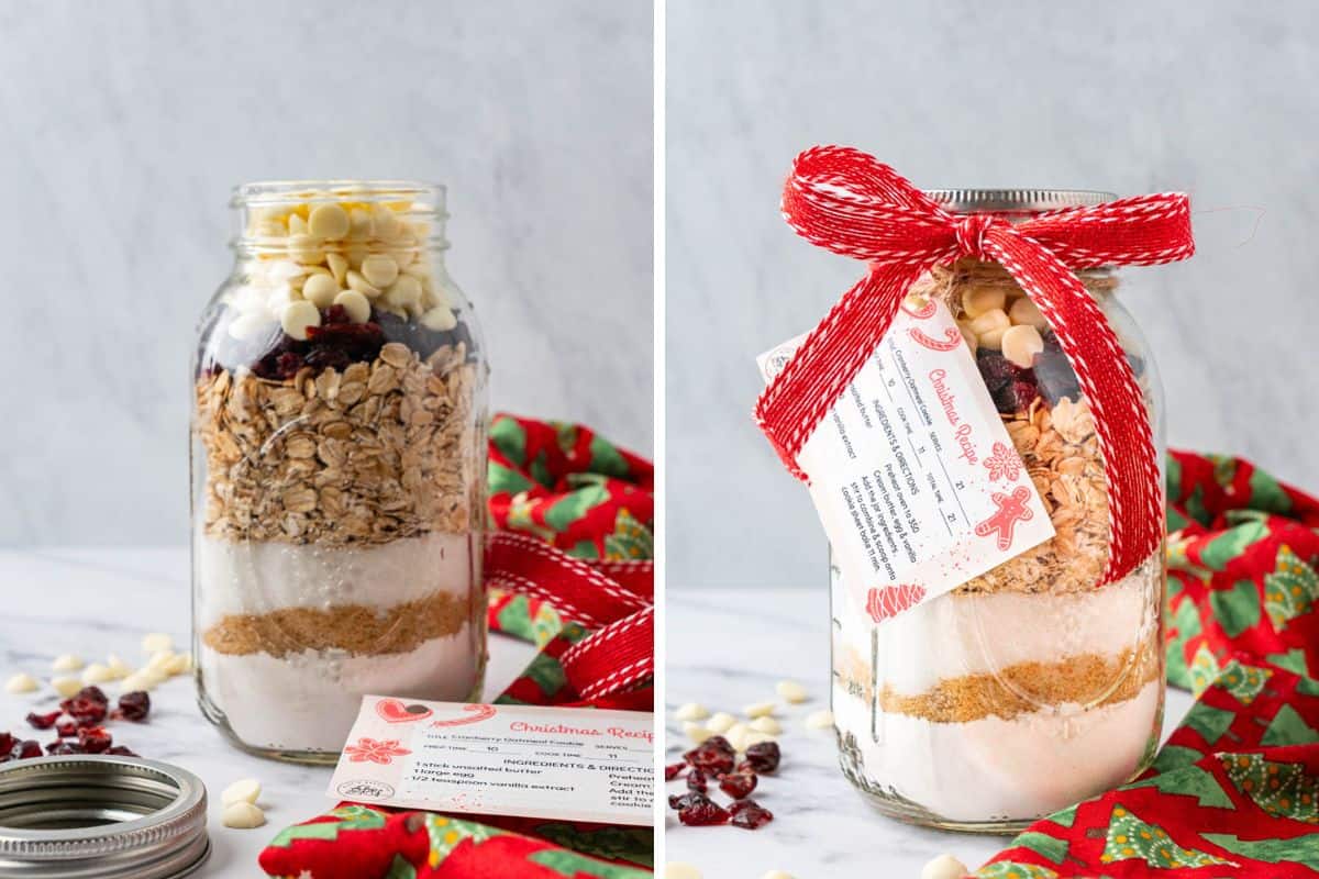 the jar completely filled to show all of the layers and the ribbon and instructions tied to the jar