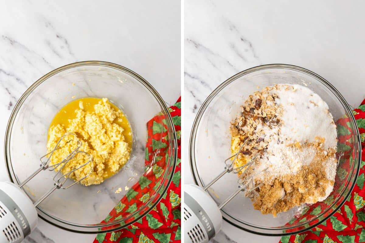 a bowl mixing the butter and egg and a bowl with the dry ingredients add to the butter and egg. 