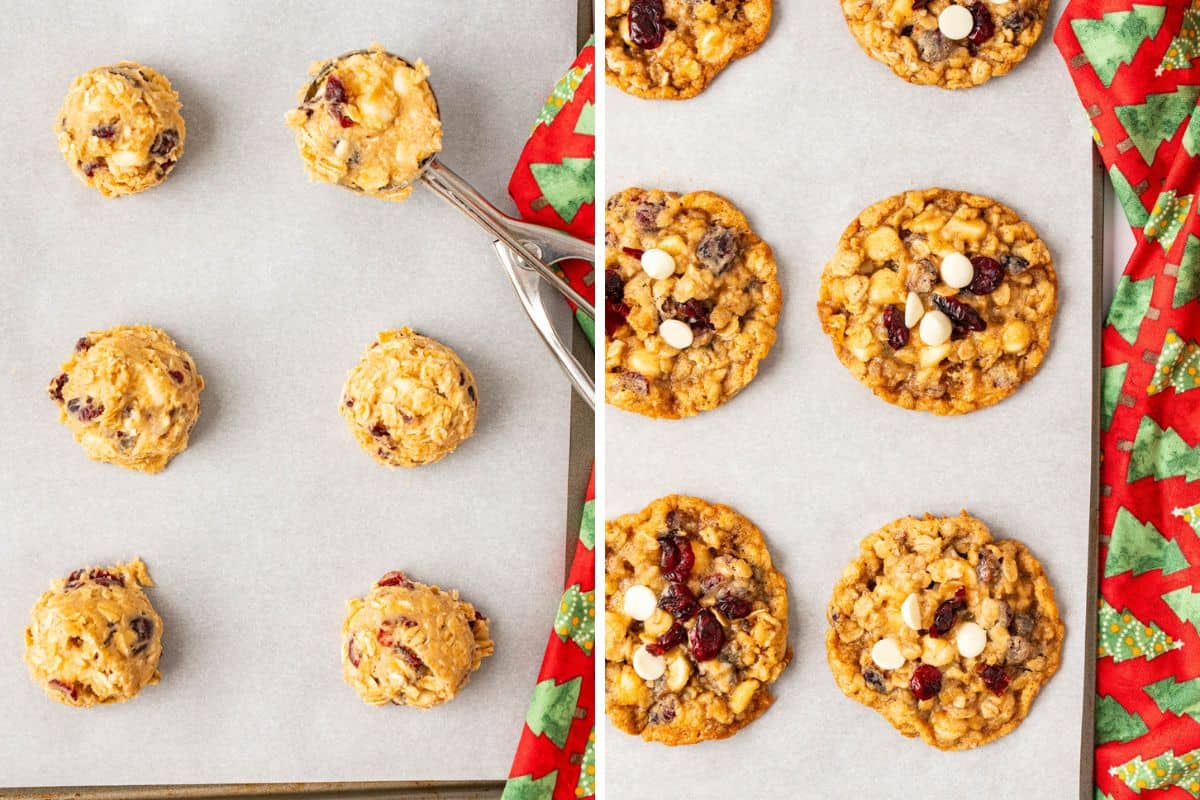 the cookie dough balls on a cookie sheet and the cookies after baking