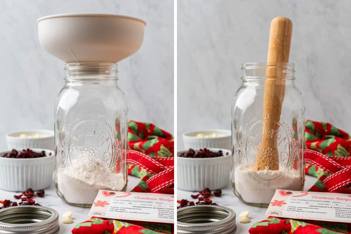 adding the ingredients to the mason jars with a funnel and packing them down with a muddler