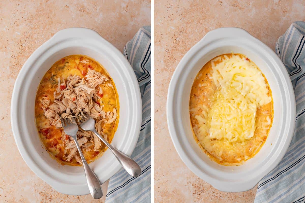 Collage photo. Left: forks shredding the chicken in the crockpot. Right: cheese added to the chicken to melt