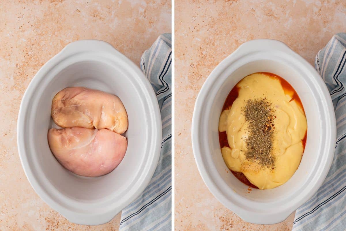 Collage photo. Left: chicken breast in the crock. Right: being covered by the tomatoes, cream of chicken soup and the spices