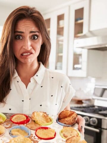 frustrated woman with messed up muffins