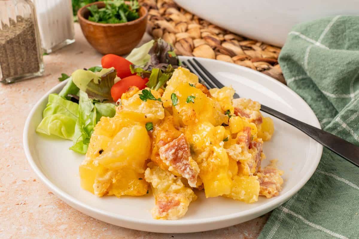 a white plate with a portion of the casserole plated with a salad