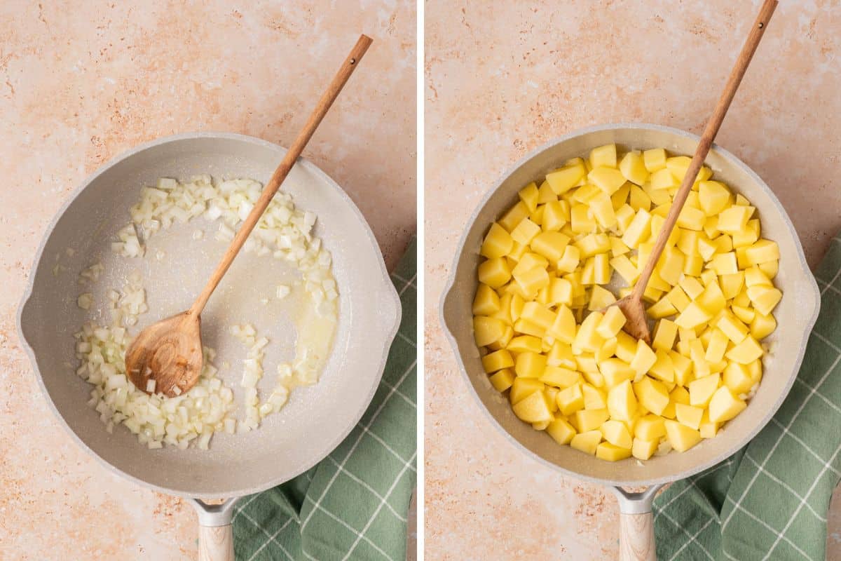 Photo Collage. Left: a sauté pan with the butter. Right: onions and the potatoes are added after the onions