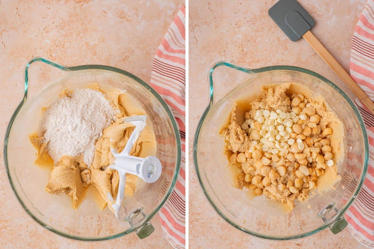 adding the flour to the butter mixture and adding the chocolate chips and nuts