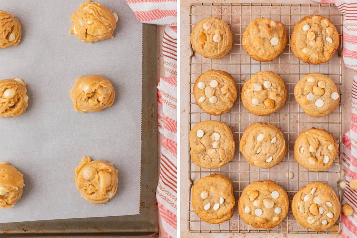 scoops of cookie dough on a baking sheet and the cookies baked cooling on a rack
