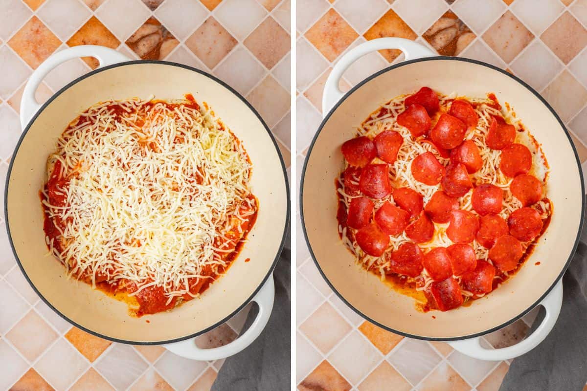 Collage Photo. Left: Skillet with pizza Sauce and Cheese, Right: Low Carb Pizza Chicken in a skillet.