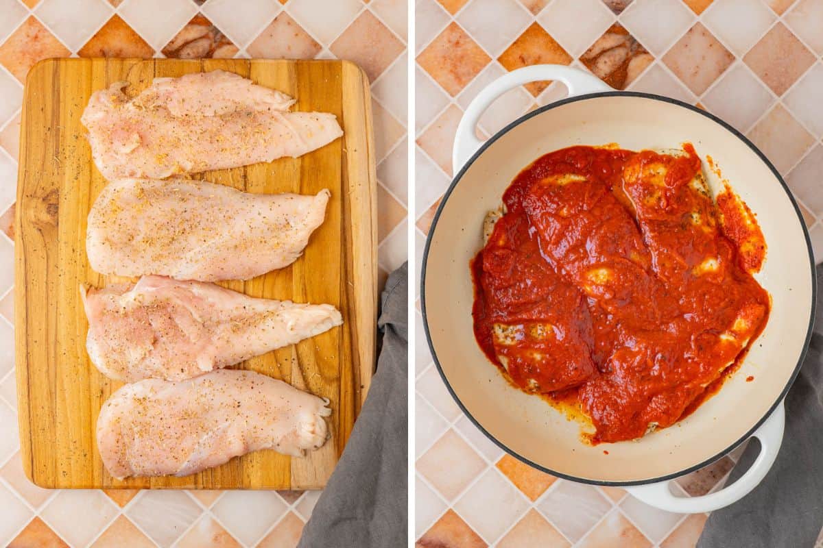 Photo Collage. Left: Seasoned chicken breasts laying flat on a wooden chopping board. Right: A skillet with Pizza Sauce and herbs and spices. 
