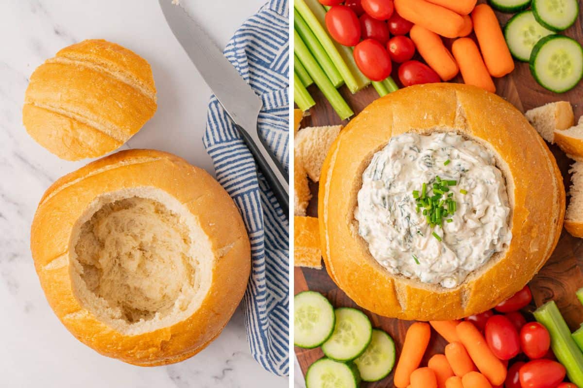 Hole made in a crusty bread to make a bowl and Knorr's Spinach Dip in the bread bowl.