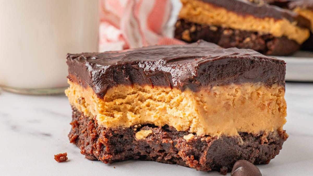 A close-up shot of a bitten buckeye brownie. 