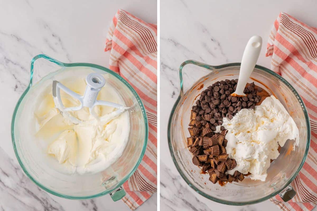 Process shots, overhead mixing bowl with marshmallow cream, chocolate chips and peanut butter cup pieces
