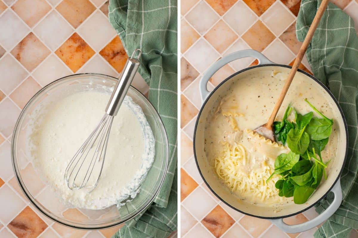 Mixing the cheese and adding the cheese and baby spinach into the pot.