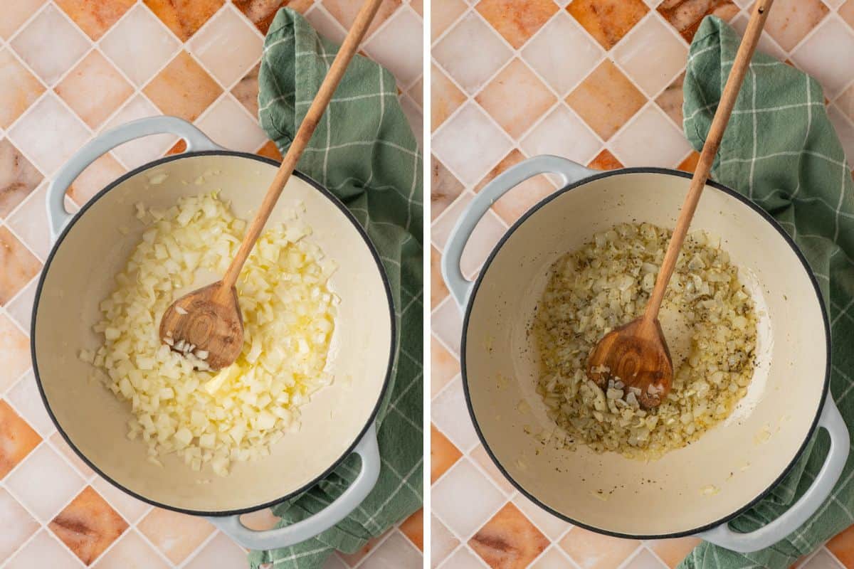 Saute the aromatics in a pot.