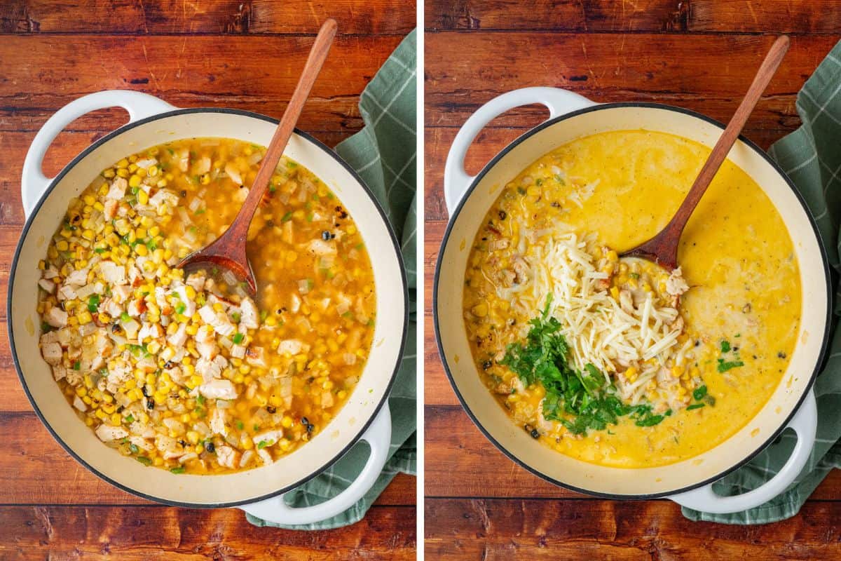 overhead process shots of the soup in the pot, simmering.