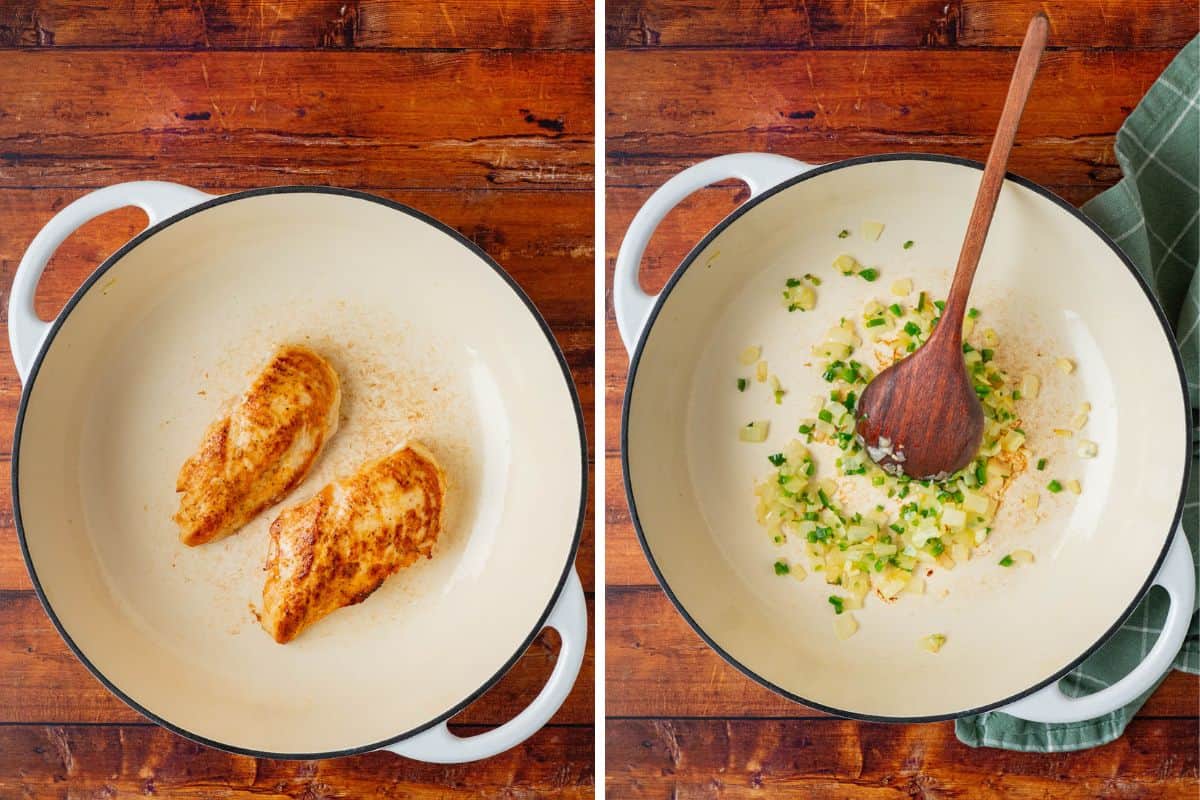 overhead process shots, searing chicken, simmering aromatics