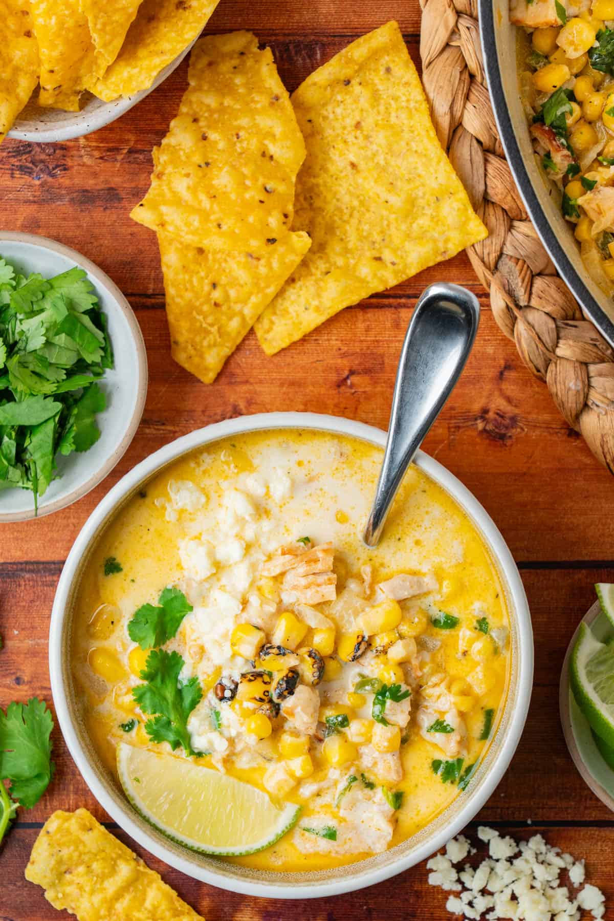 overhead shot of a bowl of this street corn soup