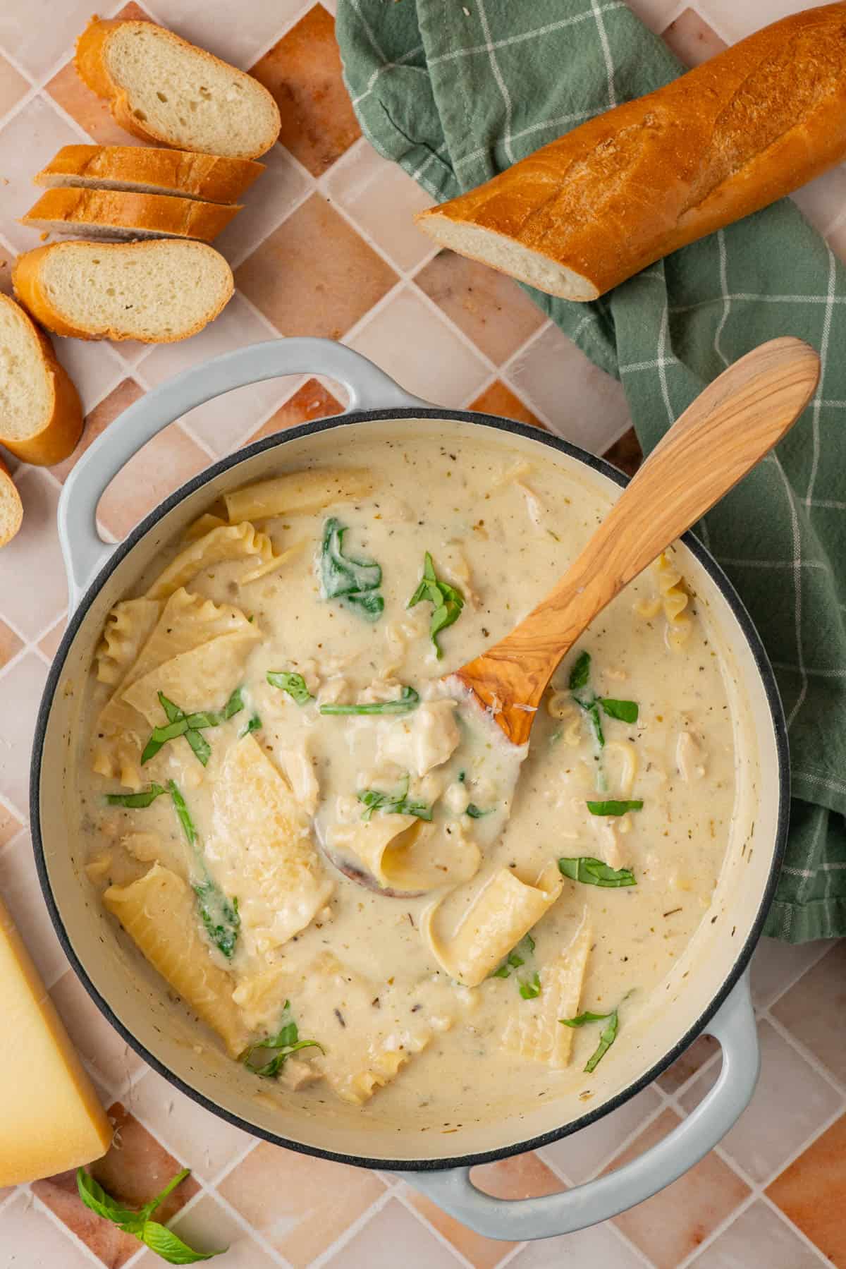 A pot of white lasagna soup