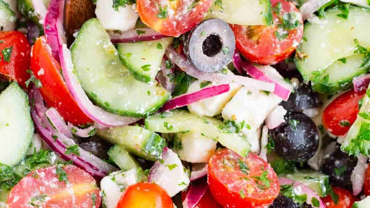 A close-up shot of Greek Cucumber Salad.