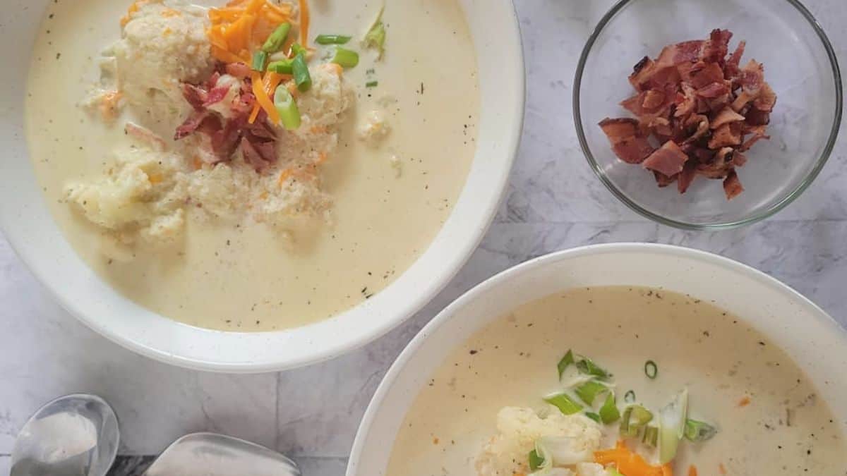 Loaded Keto Cauliflower Soup with Bacon & Cheese