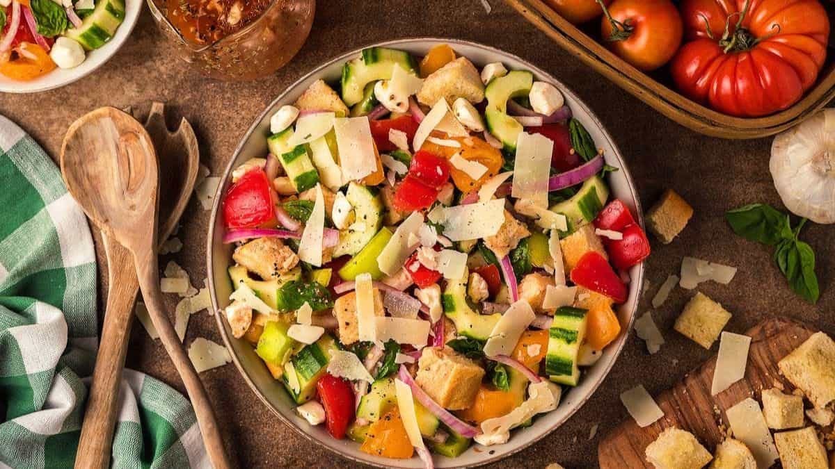 A top shot of a serving bowl of Panzanella Salad.