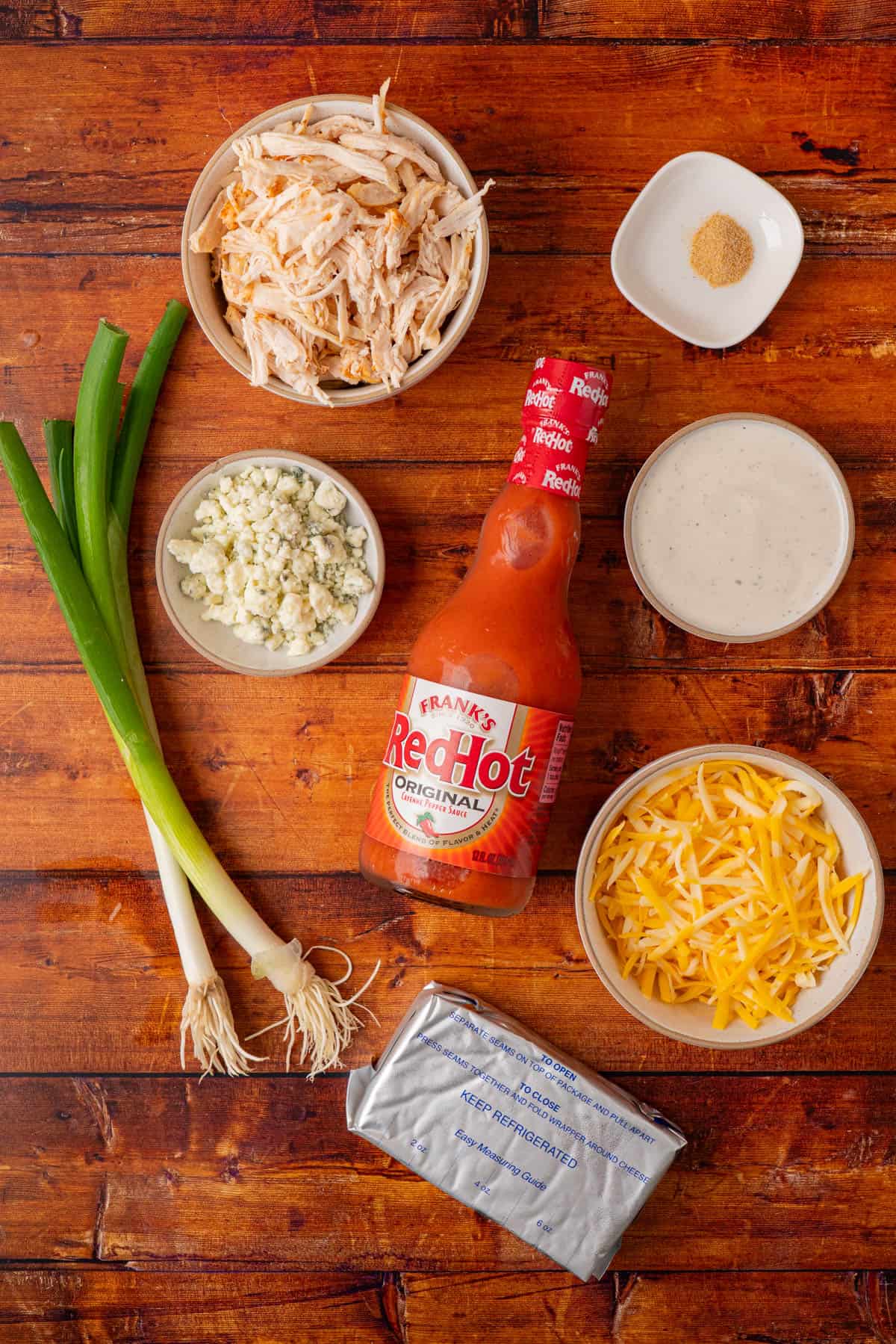 ingredients needed to make buffalo chicken dip.