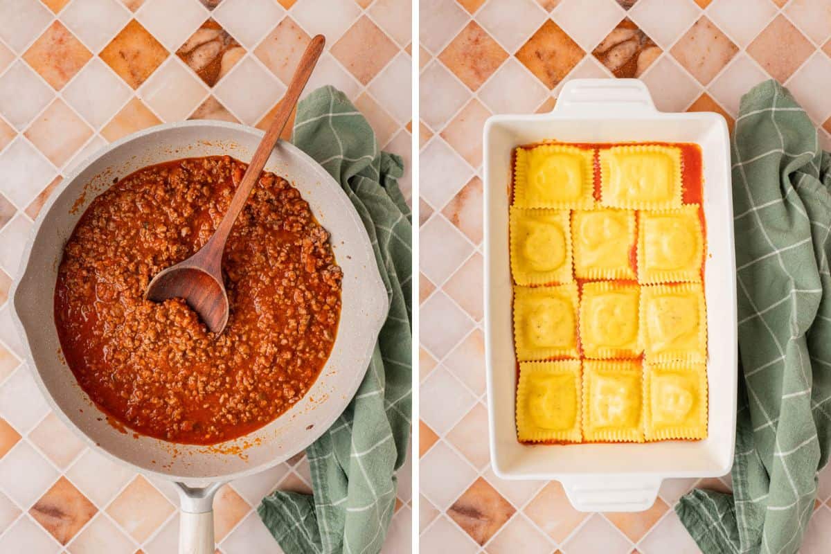 Preparation process shots, browning the beef and layering the ravioli