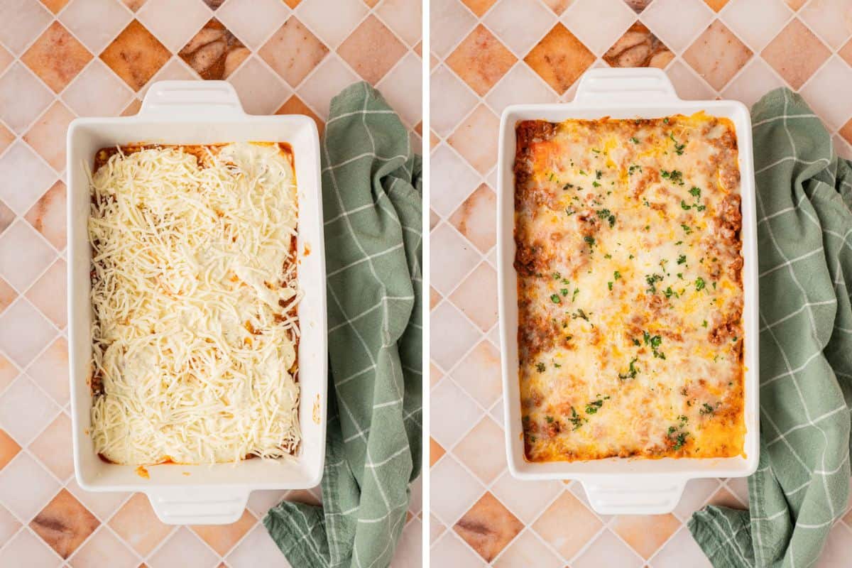 More overhead process shots, layering the cheese and then after baking, garnished and ready to serve. 