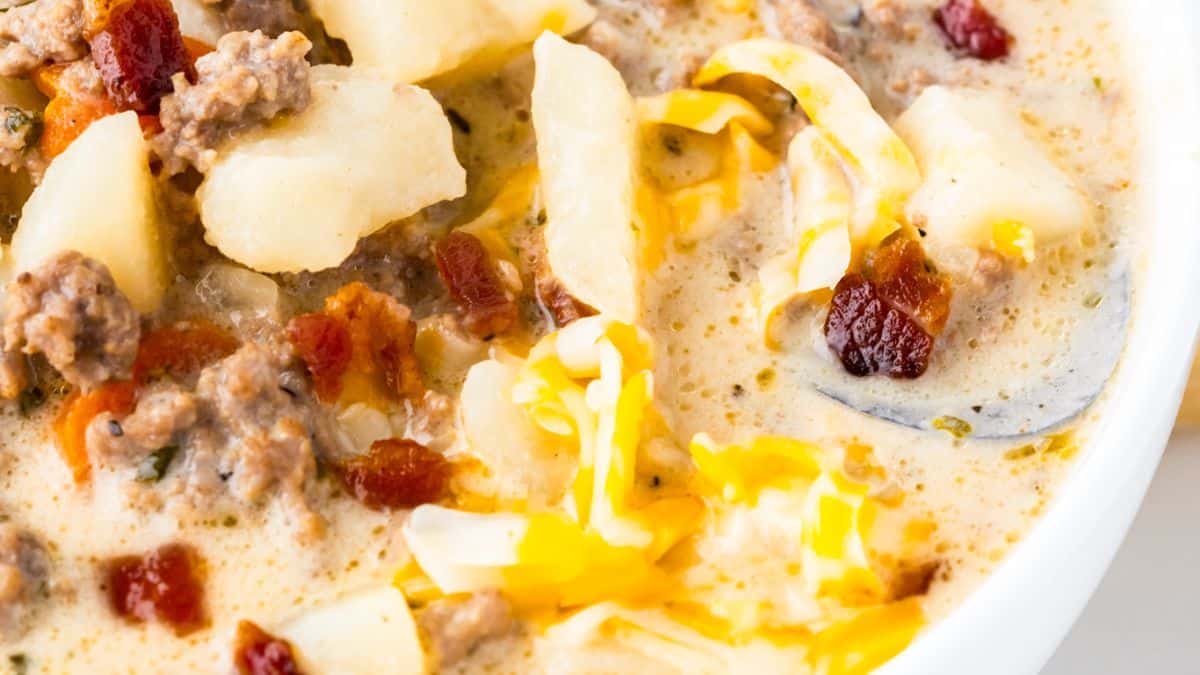 A close-up shot of Bacon Cheeseburger Soup.