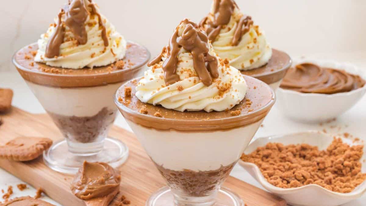 Three serving of Biscoff Cheesecake Cups.