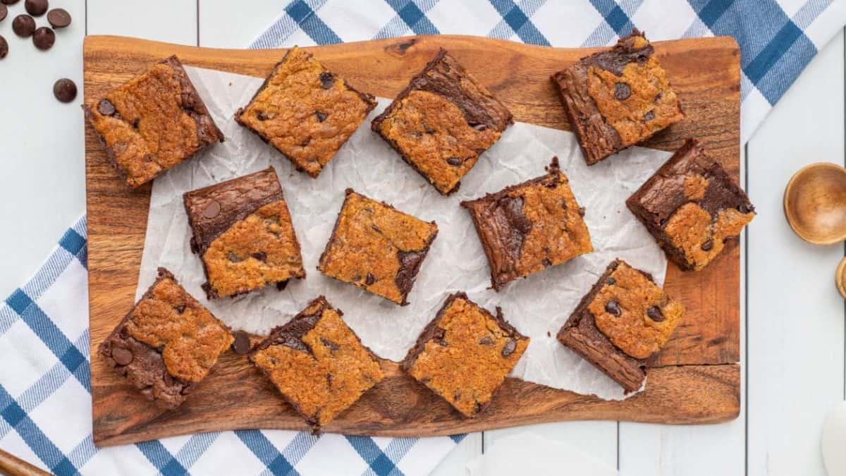 A top shot of a couple of brookies set on a wooden tray.