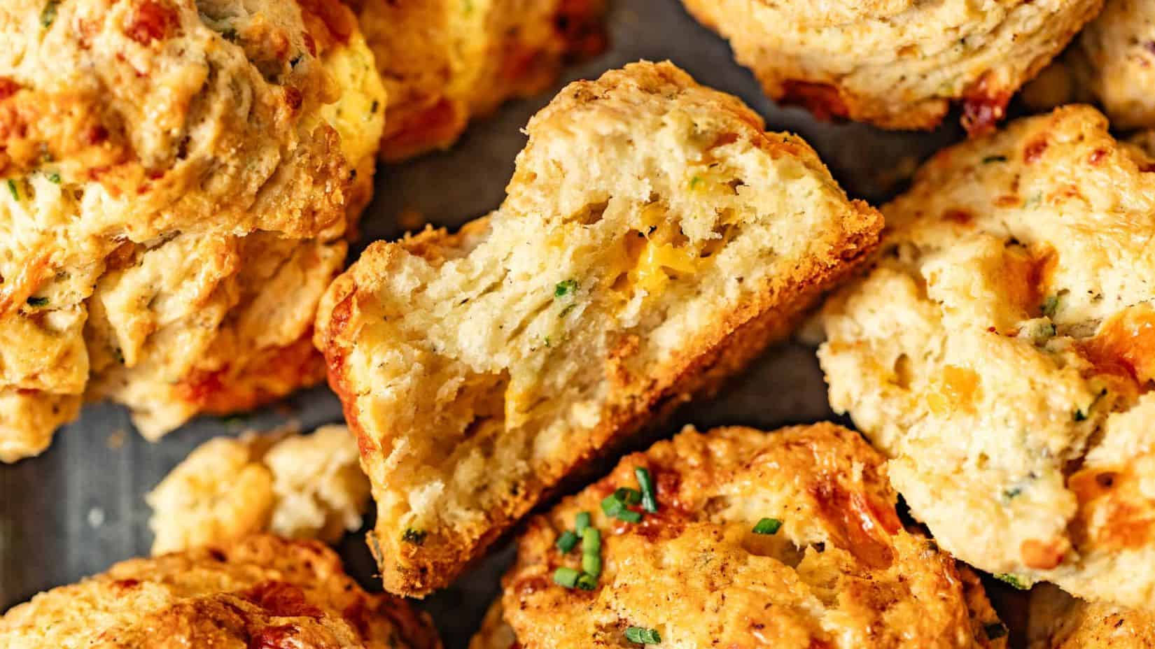 A close-up shot of Cheddar Cheese Chive Biscuits.