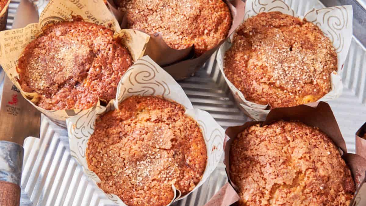 A close-up shot of Cinnamon Banana Protein Muffins with Sourdough.