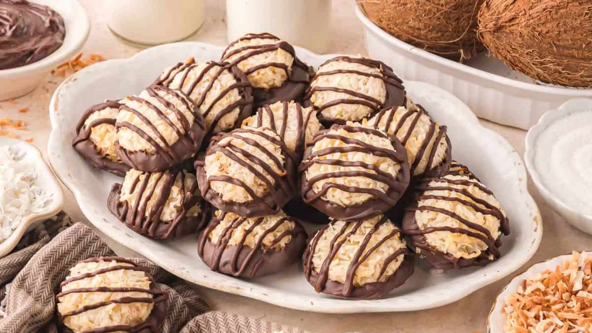 A plateful of piled coconut macaroons.