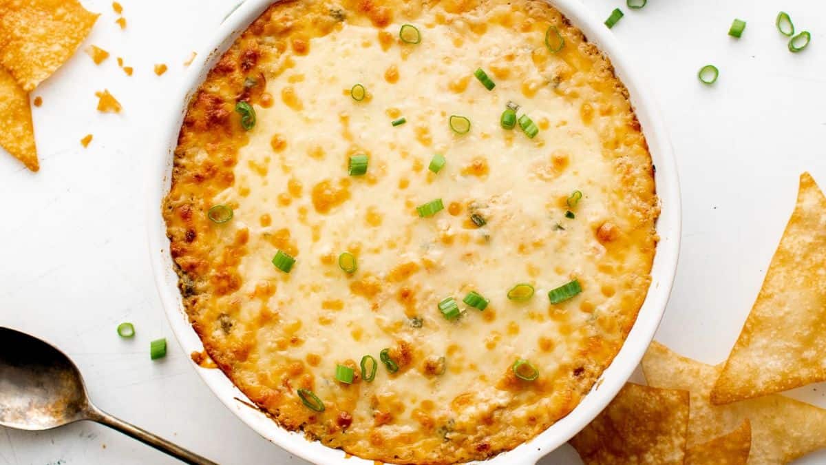 Top shot of Crab Rangoon Dip and Crispy wonton chips on the side. 