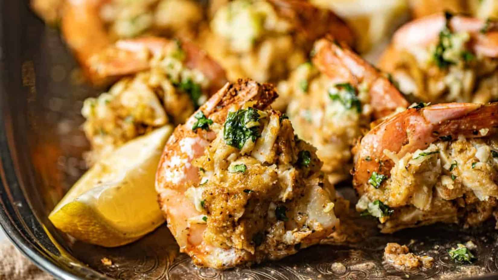 A close-up shot of number of pieces of Crab Stuffed Shrimp set on a plate with a wedge of lemon on the side. 