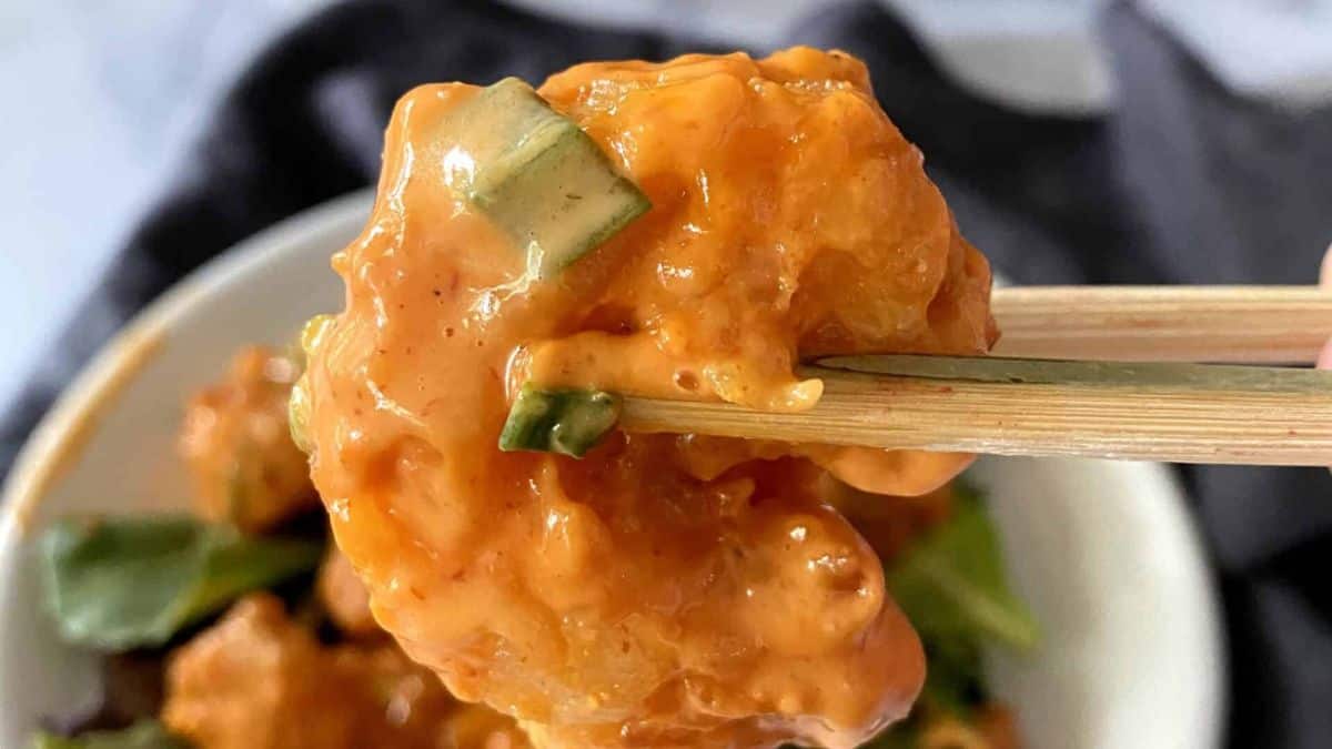 A close-up shot of a single shrimp help using a chopsticks.