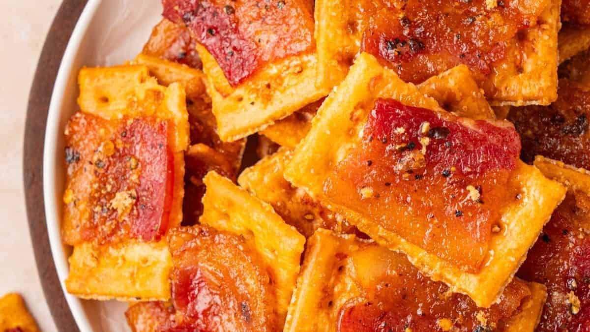 A close-up shot of a plateful of Bacon Crackers.