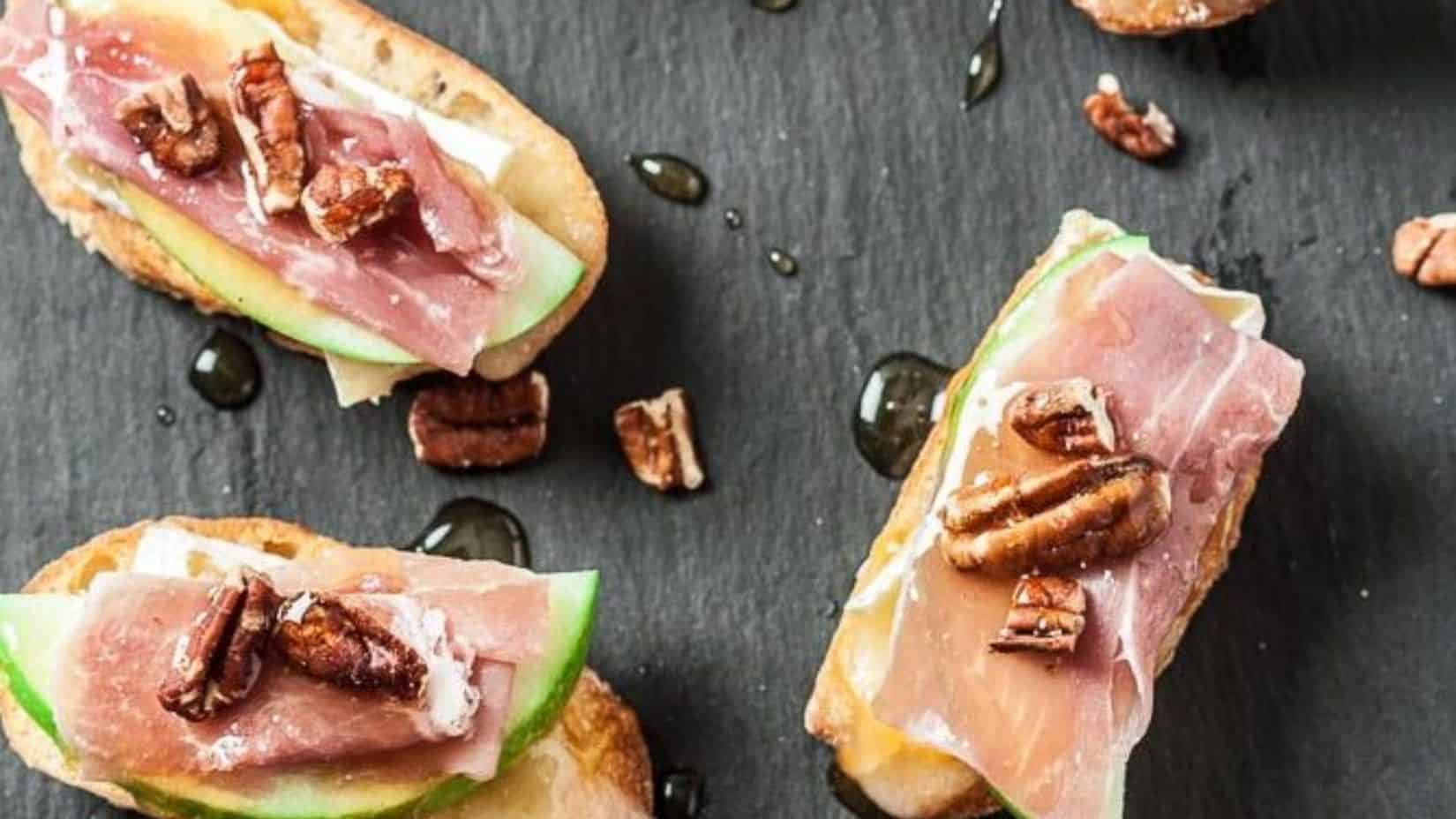 A top close-up shot of three pieces crostini. 