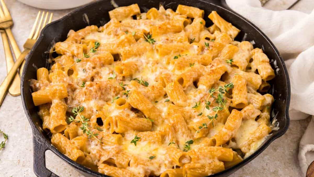 French Onion Pasta in a skillet.