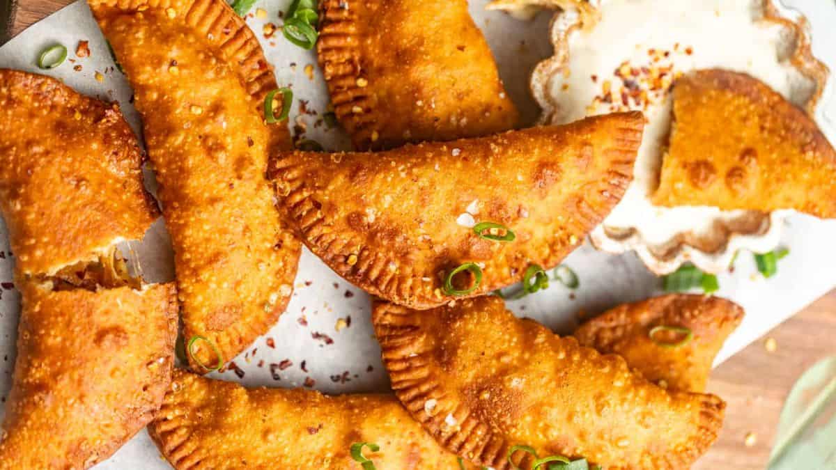 A top shot of a couple of pieces of empanadas. 
