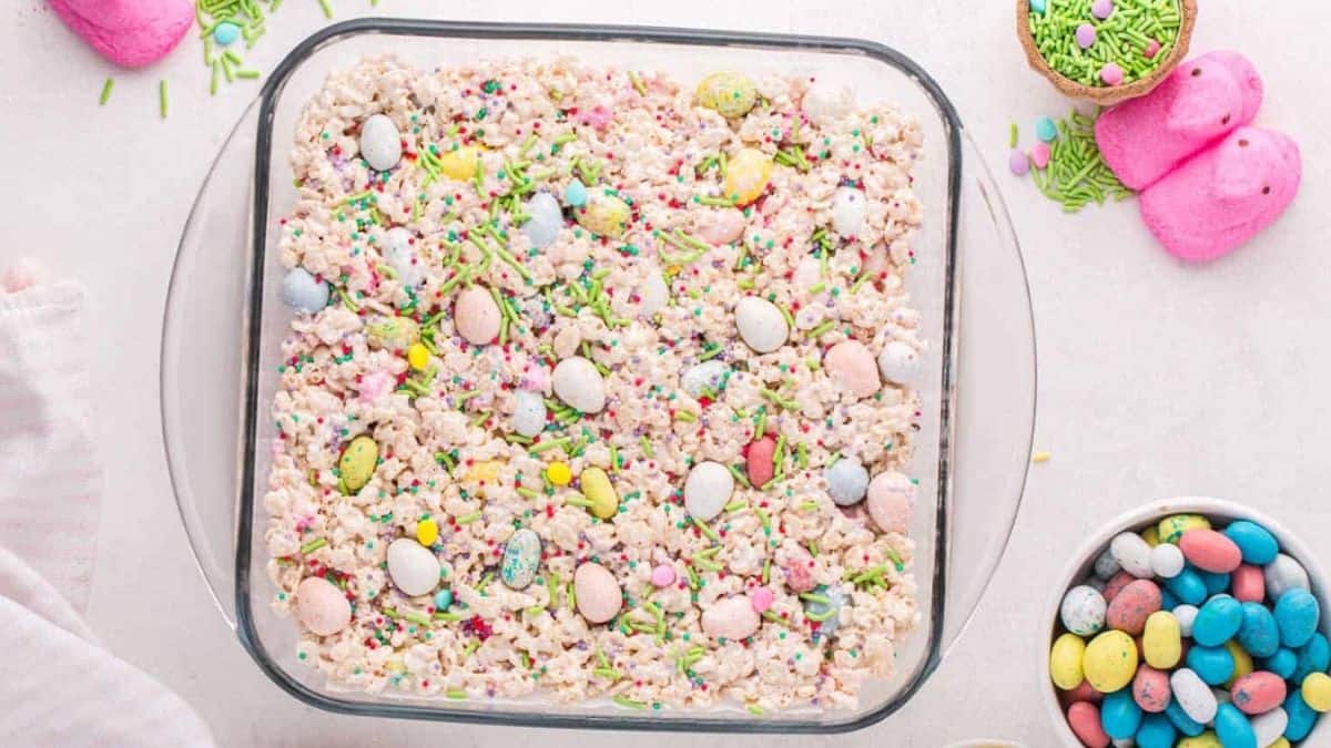 A top shot of easter rice krispie treat served in a clear baking dish. 