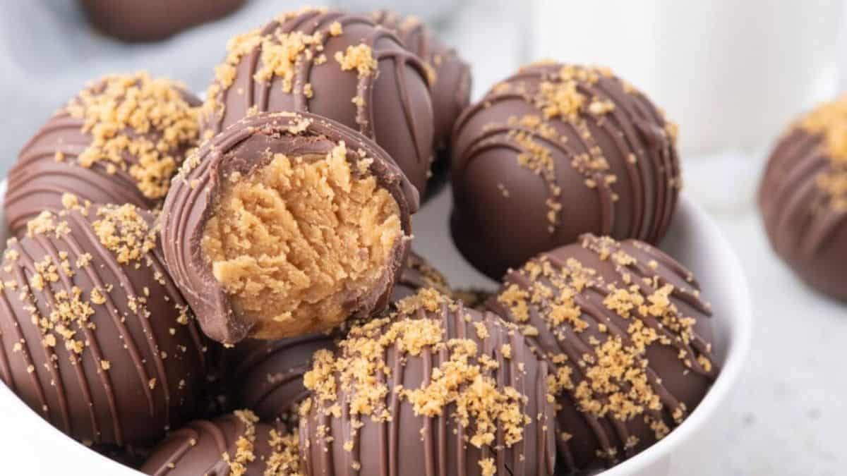 A couple of pieces of Nutter Butter Balls on a bowl. 