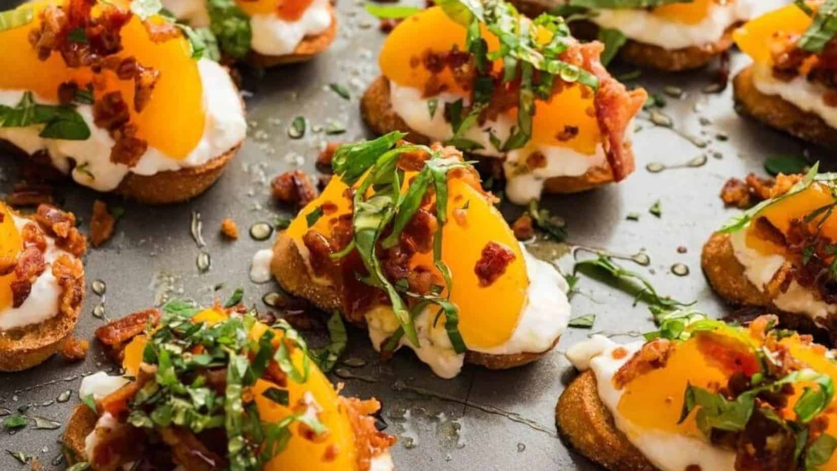 A close-up shot of a few pieces of Peach Crostini. 